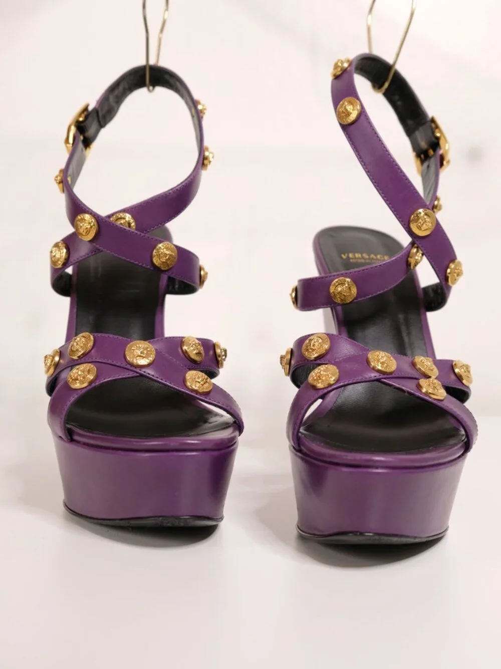 Versace Medusa Studded Platform Wedge Sandals, Royal Purple, size
